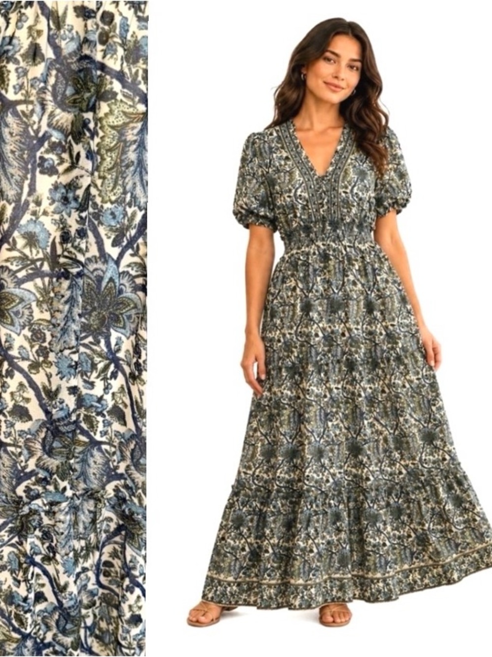 Max Studio,Floral Boho Maxi Dress Puff Sleeve, Size M NWT